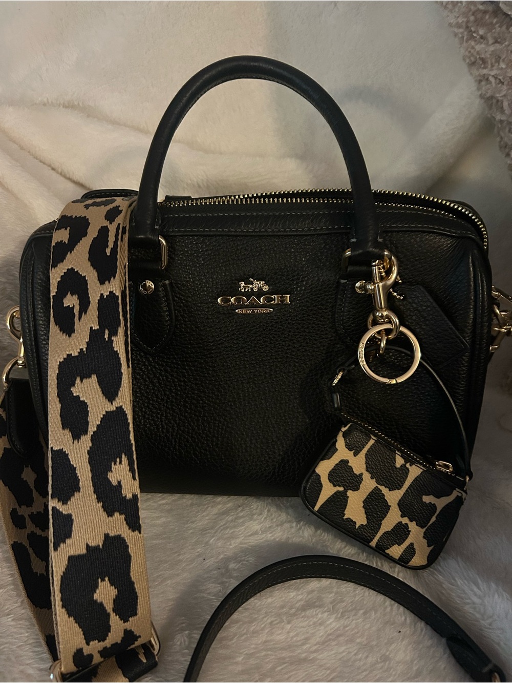 Coach Black Pebbled Leather Satchel with Leopard Strap and Pouch